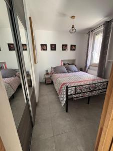 a bedroom with two beds and a mirror at Gîte cosy avec jardin in Nyons