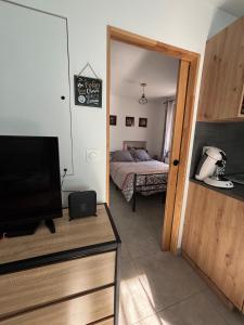 a bedroom with a bed and a tv and a mirror at Gîte cosy avec jardin in Nyons