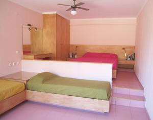 a bedroom with two beds and a mirror at Santa Xenia in Galaxidhion