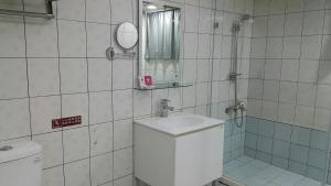 a bathroom with a sink and a shower and a mirror at Mei Hua Hotel in Kaohsiung