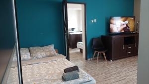 a bedroom with a bed and a flat screen tv at MagMar Studio rynek Kluczbork in Kluczbork