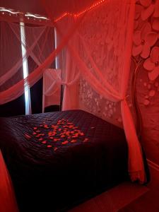 a red bedroom with a bed with hearts on it at Glamour Jacuzzi Privé Chambéry in Chambéry