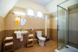 a bathroom with a toilet and a sink and a shower at Partvilla Balatonboglar in Balatonboglár +67 photos