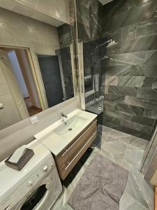 een badkamer met een wastafel en een spiegel bij Cosy lux Apartment with Free Parking in Tallinn