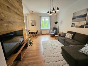 een woonkamer met een bank en een flatscreen-tv bij Cosy lux Apartment with Free Parking in Tallinn