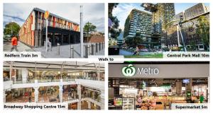 een collage van vier foto's van verschillende gebouwen bij 3BR CBD Aircon Redfern family home in Sydney