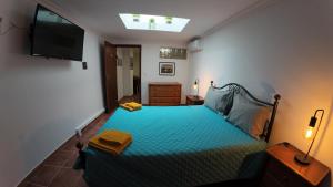 een slaapkamer met een bed met een blauw dekbed en een televisie bij 9, Cimo da Aldeia in Aldeia de João Pires