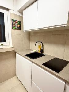 Una cocina con gabinetes blancos y un fregadero. en Napoléon 1er City Studio, en Luxemburgo