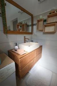 a bathroom with a sink and a mirror at L Échappée Belle Havre de paix au cœur du verger in Le Moule +39 photos