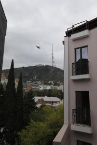 a plane flying over a city with a building at White Hill Hotel in Tbilisi City