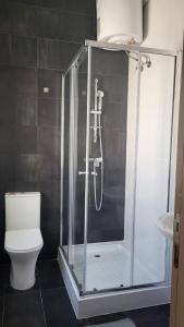 a bathroom with a glass shower with a toilet at Flat 1 Central Apartment in Swieqi in Is-Swieqi