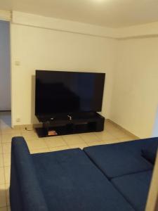 un salon avec une télévision à écran plat et un canapé dans l'établissement Appartement T4 rez jardin Avec grand space vert, à Livry-Gargan