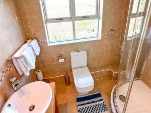 a bathroom with a toilet and a sink and a shower at Lower Axford Cottage in Callington +5 photos