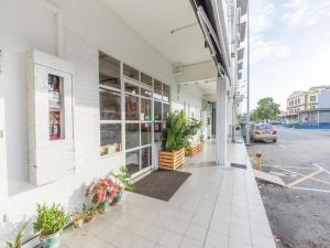 马六甲The White Loft Hotel Melaka的人行道上布满盆栽植物的白色建筑