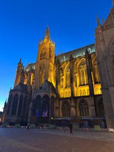 eine große Kathedrale mit einem Uhrturm in der Nacht in der Unterkunft Graoully Saint Louis in Metz