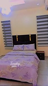 ein Bett mit einer lila Bettdecke in einem Schlafzimmer in der Unterkunft Luxury 2 bedroom flat apartment heart of Lekki in Maiyegun + 9 Fotos