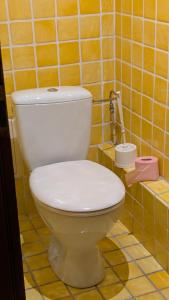 eine weiße Toilette in einem gelb gefliesten Badezimmer in der Unterkunft Les Perles du Ried - Gîte 202 in Boofzheim + 27 Fotos