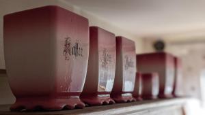 Eine Reihe roter Becher stand auf einer Theke. in der Unterkunft Les Perles du Ried - Gîte 202 in Boofzheim