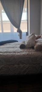 a bedroom with a bed with pillows and a window at Stylish Bachelor with Oak Floors & View in Johannesburg