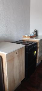 a kitchen with a stove and a counter top at Stylish Bachelor with Oak Floors & View in Johannesburg