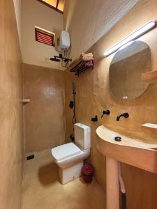 a bathroom with a toilet and a sink and a mirror at Tahini and Friends Surf, Yoga & Wellness in Ahangama