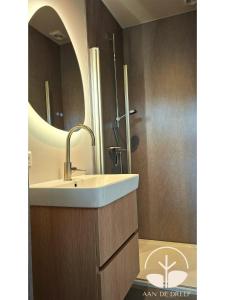 a bathroom with a sink and a shower with a mirror at aan de Dreef in Zundert