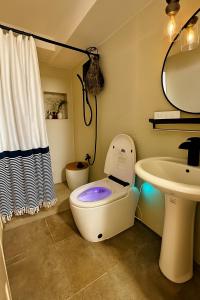 a bathroom with a toilet with a purple light on it at Terravive in Manila