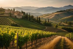 a vineyard in the hills with a villa in the background at Casa Giorgia Collio Suite in Cormòns