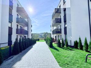 ジヴィエツにあるWierzbowa 13 Apartament - blisko jeziora i ścieżek rowerowychの木の立つ建物前の通路