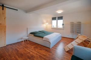 ein Schlafzimmer mit einem Bett und einem Fenster in der Unterkunft Lepold's Balkenzauber - Sasbachwalden zentral, mit Kamin und Weinbergblick, für 6 Personen, familienfreundlich in Sasbachwalden