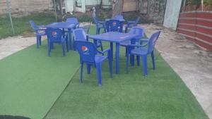 a group of blue tables and chairs on grass at River BPR Hostel in Tbilisi City +5 photos