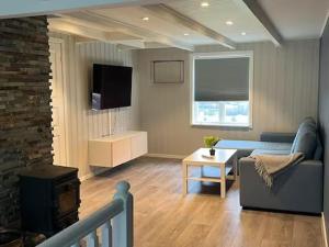 IsfjordenにあるGrey Lodgeの青いソファとテレビのあるリビングルーム