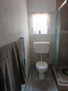 a small bathroom with a toilet and a shower at Anker Guesthouse in Philippolis +28 photos