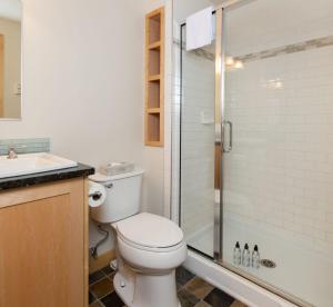 um banheiro com vaso sanitário e chuveiro em RMR: La Choumine 2 Condo in Teton Village em Teton Village mais 11 fotografias