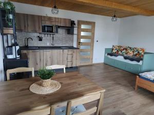 a kitchen and living room with a table and a couch at Apartmány Pelc in Kořenov +11 photos