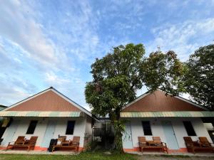two buildings with chairs and a tree at Montra Guesthouse in Ranong