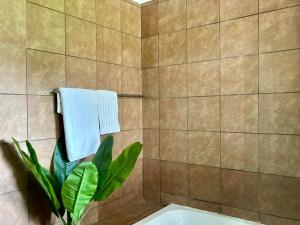 a bathroom with a tub and a towel and a plant at Tana's flat in Brakpan