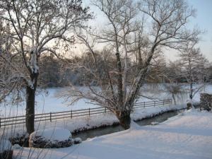 a fence covered in snow next to some trees at Le Gîte du Bas Manoir in Bretteville-sur-Odon