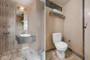 two pictures of a bathroom with a toilet and a sink at Super Collection O Vaishno Devi Temple Formerly Hotel The Leaf in Katra