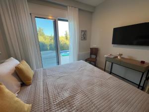 a bedroom with a bed with a television and a desk at Giardinia Holiday Homes with Private Pool in Gazátika