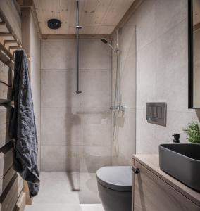 a bathroom with a shower and a toilet and a sink at Skjonnhet Cottage - Luxury Ski-in & ski-out chalet in Kvitfjell