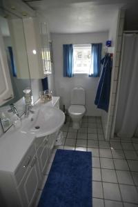 a bathroom with a white sink and a toilet at Child-Friendly Holiday 500 Meters From The Beach in Nykøbing Sjælland +16 photos