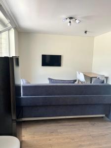 a bedroom with a blue bed and a tv at FishKa in Cholpon-Ata
