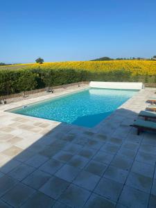 a swimming pool next to a field of flowers at Liguand Gites in Saint-Quentin-du-Dropt
