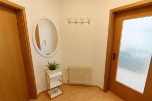 a hallway with a mirror and a table with a plant at Ferienwohnung DEICHBLICK 200m zum Strand Zingst Darß in Zingst