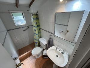 a bathroom with a sink and a toilet and a mirror at Cabañas y Domos Calafquen in Coñaripe +67 photos