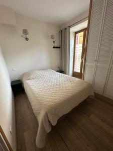 Un dormitorio con una cama en una habitación con ventana. en Appartement Fontargente, en Ax-les-Thermes