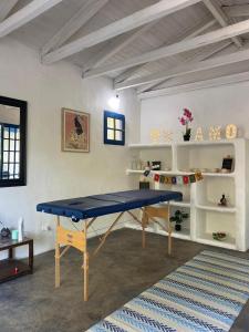 a blue ping pong table in a room at Glamping, Piscina, Río y Bosque - Más Líderes Experiencias in Santiago