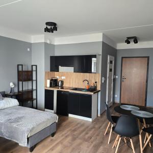 ein Schlafzimmer mit Bett und Tisch und eine Küche in der Unterkunft Pokoje Gościnne Polo in Częstochowa