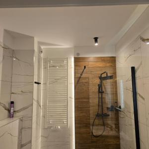 a bathroom with a shower with a glass door at Pokoje Gościnne Polo in Częstochowa